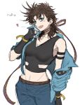  1girl asatomjj bare_shoulders battle_tendency blue_eyes blue_jacket bow breasts brown_hair crop_top denim fang fingerless_gloves genderswap genderswap_(mtf) gloves highres jacket jeans jojo_no_kimyou_na_bouken joseph_joestar joseph_joestar_(young) messy_hair midriff neck_ribbon off_shoulder pants ribbon skin_fang small_breasts solo spiked_hair triangle_print v-neck 