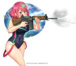  1girl absurdres aiming bangs battle_rifle black_swimsuit blush breasts competition_swimsuit covered_navel cowboy_shot earrings firing fn_fal gun highres holding holding_gun holding_weapon jewelry large_breasts mathias_leth nintendo one-piece_swimsuit pyra_(pro_swimmer)_(xenoblade) pyra_(xenoblade) red_eyes red_hair red_swimsuit rifle shell_casing short_hair smoke smoking_gun solo swept_bangs swimsuit tiara two-tone_swimsuit weapon xenoblade_chronicles_(series) xenoblade_chronicles_2 