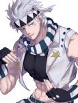  1boy abs asatomjj battle_tendency caesar_anthonio_zeppeli crop_top cropped_vest facial_mark feather_hair_ornament feathers fighting_stance fingerless_gloves gloves hair_ornament headband highres jojo_no_kimyou_na_bouken male_focus midriff scarf solo striped striped_scarf triangle_print vest white_vest 