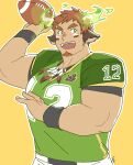  1boy :d american_football american_football_(object) american_football_uniform animal_ears ball bara blush brown_eyes brown_hair cow_boy cow_ears cow_horns dark-skinned_male dark_skin facial_hair feather_necklace fiery_horns forked_eyebrows glowing_horns goatee green_shirt holding holding_ball horns kaniharu large_pectorals male_focus muscular muscular_male pectorals shirt short_hair short_sleeves shorts sideburns smile solo sportswear thick_eyebrows tight tight_shirt tokyo_afterschool_summoners upper_body wakan_tanka white_shorts 