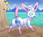 absurd_res animal_genitalia animal_penis animal_pussy anus armband balls bell blue_body blue_fur butt canid canine canine_penis canine_pussy cliff cloud detailed_background dialogue eeveelution erection everstone_guild female feral fur gau_(artist) genitals hi_res jolteon lithe_(sylveon) looking_at_viewer looking_back male mammal naga_(jolteon) nintendo open_mouth outside penis pink_body pink_fur pok&eacute;mon pok&eacute;mon_(species) pok&eacute;mon_mystery_dungeon presenting pussy sea sky solo sylveon teeth text tongue video_games water white_body white_fur yellow_body yellow_fur 
