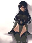  1girl absurdres alice_gear_aegis bangs black_hair blue_eyes boots covered_navel expressionless gloves green_footwear green_gloves green_leotard highres ishiyumi kagome_misaki leotard long_hair looking_to_the_side metal_boots mole mole_under_eye shadow sitting solo thigh_boots thighhighs 