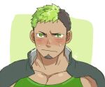  1boy bara black_hair blush dark-skinned_male dark_skin facial_hair goatee green_hair kaniharu large_pectorals looking_at_viewer male_focus multicolored_hair muscular muscular_male pectoral_cleavage pectorals short_hair sideburns solo sweatdrop taurus_mask tokyo_afterschool_summoners two-tone_hair upper_body wrestling_outfit 