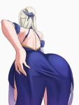  1girl ass back bare_shoulders blue_dress breasts dress folded_ponytail genshin_impact hair_ornament half_updo highres large_breasts long_hair ningguang_(genshin_impact) ningguang_(orchid&#039;s_evening_gown)_(genshin_impact) sidelocks sp123 thighs white_hair 