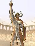  abs anthro armor bgn bovid bovine cattle european_mythology foreskin fur genitals greek_mythology headgear headgear_only helmet helmet_only hi_res holding_object holding_shield holding_sword holding_weapon male mammal melee_weapon mino minotaur muscular muscular_anthro muscular_male mythology nipples nude orange_body orange_fur pecs penis shield solo sword weapon 