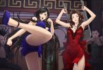  2boys 2girls aerith_gainsborough armpits bare_legs black_hair blurry blurry_background breasts brown_hair chair cleavage crescent crescent_earrings dress drill_hair earrings fighting_stance final_fantasy final_fantasy_vii final_fantasy_vii_remake folding_chair high_heels high_kick jewelry kicking leg_up long_hair looking_at_viewer multiple_boys multiple_girls necklace official_alternate_costume ozkh panties pantyshot purple_dress purple_footwear red_dress short_dress side_slit smile star_(symbol) star_necklace strapless strapless_dress surprised thighs tifa_lockhart tifa_lockhart&#039;s_refined_dress underwear 