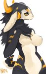  anthro breasts claws female fur hand_on_breast hi_res horn looking_away multicolored_body multicolored_fur nox_(artist) nude signature simple_background solo standing tagme unknown_species white_background yellow_sclera 