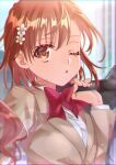  1girl absurdres ayuko_(ayuko54bornthisway) bag blurry blurry_background bow bowtie brown_eyes brown_hair brown_jacket chromatic_aberration dress_shirt flower hair_flower hair_ornament highres holding holding_bag jacket long_sleeves misaka_mikoto one_eye_closed open_mouth red_bow red_bowtie school_uniform shiny shiny_hair shirt short_hair solo toaru_kagaku_no_railgun toaru_majutsu_no_index tokiwadai_school_uniform twitter_username upper_body white_flower white_shirt 