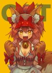  1girl animal_ear_fluff animal_ears animal_hands apron artist_name bangs bell bow breasts cat_paws choker cleavage clenched_hands commentary_request eyebrows_behind_hair fang fangs fate/grand_order fate_(series) fox_ears fox_girl fox_tail hair_between_eyes hair_bow highres jingle_bell kusama_takato large_breasts light_blush long_hair looking_at_viewer name_tag neck_bell open_mouth pink_hair ponytail red_bow red_headwear red_shirt shirt sidelocks skin_fang solo striped striped_shirt tail tamamo_(fate) tamamo_cat_(fate) tongue vertical-striped_shirt vertical_stripes visor_cap white_shirt yellow_background yellow_eyes 