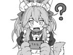  1girl ? animal_ear_fluff animal_ears animal_hands apron bangs bell blush bow cat_paws cellphone claws collar commentary confused eyebrows_visible_through_hair fangs fate/grand_order fate_(series) fox_ears fox_girl fox_tail greyscale hair_between_eyes hair_bow highres holding holding_phone jingle_bell kusama_takato long_hair looking_at_object maid_apron maid_headdress monochrome neck_bell open_mouth phone ponytail short_sleeves sidelocks simple_background smartphone solo tail tamamo_(fate) tamamo_cat_(fate) tongue translated 