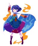  1girl aura blue_eyes blue_hair cape commentary_request dress long_sleeves multicolored_clothes multicolored_dress multicolored_hairband patchwork_clothes pixel_art pointing pointing_up rainbow_gradient red_button short_hair sky_print tenkyuu_chimata transparent_background two-tone_cape white_cape zipper 