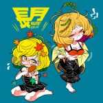  2girls aki_minoriko aki_shizuha barefoot blonde_hair bra dated dress dressing hair_brush hair_brushing hair_ornament jacket leaf_hair_ornament medium_hair messy_hair multiple_girls no_hat no_headwear siblings sisters skirt sweat touhou underwear yellow_eyes yt_(wai-tei) 