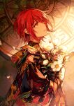  1girl akagi_shun bangle bracelet eyebrows_visible_through_hair flower hair_between_eyes holding japanese_clothes jewelry looking_up original parted_lips petals red_eyes red_hair short_hair solo standing sunlight sunset upper_body 