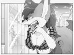  anthro belt big_breasts bottomwear breasts building canid canine cleavage clothed clothing dipstick_tail facial_markings fangs female fennec fluffy fluffy_tail fox fur greyscale hair head_markings looking_at_reflection macro mammal markings midriff monochrome muzzle_(marking) open_mouth pants pattern_clothing pattern_topwear plaid plaid_clothing plaid_topwear reflection s2-freak shirt sky snout snout_markings solo tail_markings teeth tied_shirt tongue topwear watermark windows_(disambiguation) 
