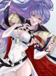  1girl absurdres alternate_costume artist_name book breasts cleavage commission commissioner_upload fire_emblem fire_emblem:_genealogy_of_the_holy_war fire_emblem_heroes highres ishtar_(fire_emblem) long_hair looking_at_viewer medium_breasts nail_polish official_alternate_costume open_mouth panties pantyshot pink_nails ponytail purple_eyes purple_hair skeb_commission smile snow20200 solo thighhighs underwear very_long_hair watermark white_panties 