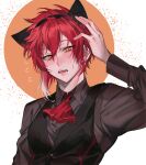  1boy actors_(exit_tunes) animal_ear_headwear animal_ears ascot black_shirt black_vest cat_ears collared_shirt commentary earrings enjouji_mike fake_animal_ears fang frith_(ya) hairband hand_in_hair highres jewelry long_sleeves open_mouth orange_eyes red_ascot red_hair shirt simple_background solo sweatdrop vest 