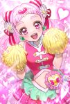  1girl :d absurdres clover_earrings cure_yell double_bun flower hair_cones hair_flower hair_ornament hair_ribbon heart heart_hair_ornament highres hugtto!_precure layered_skirt long_hair looking_at_viewer magical_girl nono_hana onenechan open_mouth pink_background pink_eyes pink_hair pink_skirt pink_theme pom_pom_(cheerleading) pouch precure red_ribbon ribbon skirt smile solo 