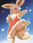  anus blush bunnag chest_tuft christmas christmas_clothing clothed clothing eevee female genitals headgear headwear hi_res holidays humanoid_genitalia humanoid_pussy nintendo no_underwear on_one_leg pawpads paws pok&eacute;mon pok&eacute;mon_(species) purple_eyes pussy semi-anthro simple_background snow solo standing thick_thighs tuft video_games 