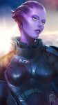  1girl alien armor artist_logo asari blue_armor carbon_fiber cloud colored_skin eleonora_lisi green_eyes highres logo looking_afar mass_effect_(series) n7_armor planet purple_hair purple_skin science_fiction solo star_(sky) starry_background sunlight tentacle_hair upper_body 