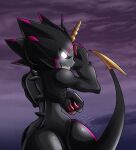  absurd_res anthro bandai_namco black_body black_sclera claws digimon digimon_ghost_game drakon_(artist) evil_grin glowing glowing_eyes grusgammamon hi_res horn looking_back male scalie sharp_teeth smile solo stinger stinger_tail teeth 