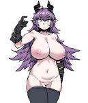  1girl 3: aqua_eyes areolae arm_behind_back bangs black_gloves black_legwear breasts closed_mouth collarbone constricted_pupils eyebrows_visible_through_hair gloves groin hair_between_eyes hand_up highres horns huge_breasts inverted_nipples navel nude nyong_nyong original pointy_ears purple_hair pussy simple_background solo split_mouth striped_horns thighhighs thighs uncensored white_background 