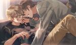  2boys ace_of_diamond bangs black_pants black_sweater brown_eyes brown_hair brown_pants closed_eyes couple cup glasses grey_sweater highres holding holding_cup looking_at_another lying male_focus miyuki_kazuya multiple_boys on_back open_mouth pants sato_(sato_1_11) sawamura_eijun short_hair smile sweater teeth yaoi 