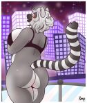  ampersand_ad anthro balcony big_breasts big_butt bottomless bra breasts butt chubby_female city city_background cityscape clothed clothing digital_media_(artwork) female fur grey_body hair hair_bun hi_res holding_breast huge_butt lemur looking_at_viewer looking_back mammal night outside primate ring-tailed_lemur side_boob sky slightly_chubby smile solo solo_focus strepsirrhine thick_thighs topwear underwear white_body white_fur white_hair wide_hips 