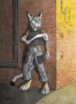  0laffson 2022 4_toes 5_fingers anthro clothed clothing day detailed_background feet felid feline fingers green_eyes hi_res holding_object holding_weapon lynx male mammal outside solo standing toes traditional_media_(artwork) weapon 