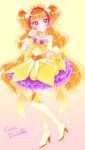  1girl amanogawa_kirara back_bow bare_shoulders boots bow brooch brown_hair character_name collarbone cure_twinkle dress earrings full_body gloves go!_princess_precure gradient gradient_background grin hair_ornament hair_scrunchie highres jewelry kuzumochi layered_dress long_hair looking_at_viewer magical_girl multicolored_hair petticoat pink_background precure purple_eyes quad_tails red_hair scrunchie shiny shiny_hair skirt_hold smile solo standing star_(symbol) star_earrings streaked_hair teeth thigh_boots thighhighs twintails two-tone_hair yellow_background yellow_bow yellow_dress yellow_footwear yellow_gloves yellow_scrunchie 