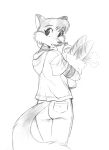  anthro black_and_white bottomwear bread canid canine chochi clothed clothing food fox groceries grocery_bag hair headphones looking_at_viewer looking_back looking_back_at_viewer male mammal mike_blade monochrome pants solo standing traditional_media_(artwork) 