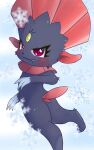  ambiguous_gender black_body black_fur blush bunnag butt cute_fangs forehead_gem fur looking_back lying nintendo on_front pok&eacute;mon pok&eacute;mon_(species) red_eyes snowflake solo video_games weavile 