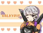  1girl apex_legends armor blush bodysuit character_name gloves grey_hair head_tilt headset heart heart_hands highres jetpack nepitasu one_eye_closed orange_bodysuit orange_gloves short_hair smile solo valkyrie_(apex_legends) 