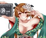  1girl absurdres american_express bangs bare_shoulders blush breasts brown_eyes brown_hair card cherry951753 eyebrows_visible_through_hair flower girls&#039;_frontline hair_flower hair_ornament hair_ribbon hairclip highres holding holding_card japanese_clothes kimono long_hair looking_at_viewer medium_breasts official_alternate_costume open_clothes open_kimono open_mouth ribbon scar scar_across_eye smile solo teeth twintails ump9_(girls&#039;_frontline) upper_body v white_background 