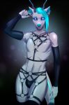 aeon-a302h311_(character) android antennae_(anatomy) anthro armwear barcode bedroom_eyes blue_eyebrows blue_eyes blue_hair blue_lips blue_nose bulge canid canine canis chest_harness claws clothed clothing collarbone david_morston docked_ears ear_piercing eyebrows fur girly hair harness hi_res leather leather_harness leather_straps legwear lips looking_at_viewer machine male mammal metal_rings narrowed_eyes navel piercing pupils robot seductive simple_background smile solo thong underwear white_body white_fur white_pupils 