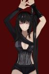  1girl architect_(girls&#039;_frontline) asymmetrical_clothes black_hair blush breasts cleavage girls&#039;_frontline grin hands_up highres long_hair medium_breasts pink_eyes sangvis_ferri side_ponytail sidelocks smile solo sureido_(zhwa3228) very_long_hair 