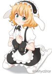  1girl animal_ears apron bangs black_hairband black_skirt blonde_hair blush center_frills closed_mouth collared_shirt commentary_request eyebrows_visible_through_hair fake_animal_ears fleur_de_lapin_uniform floppy_ears frilled_apron frilled_hairband frilled_skirt frills full_body gochuumon_wa_usagi_desu_ka? green_eyes hairband kirima_sharo kneeling looking_at_viewer mitya own_hands_together puffy_short_sleeves puffy_sleeves rabbit_ears shadow shirt short_sleeves skirt solo thighhighs twitter_username uniform waist_apron waitress white_apron white_background white_legwear white_shirt wrist_cuffs 