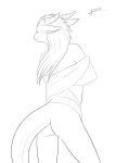  anthro bare_butt bare_shoulders black_and_white butt dragon eyes_closed female giru_(artist) hair hi_res horn long_hair looking_away monochrome mostly_nude pinup pose sketch solo standing unknown_character 
