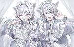  1boy 1girl 402_(o0_xxx) absurdres alternate_costume androgynous animal_ears blue_eyes cat_boy cat_ears cat_girl cat_tail chain collar enmaided grey_eyes highres leash long_hair maid original pale_skin short_hair siblings tail twins white_hair white_theme 