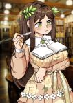  1girl absurdres arm_under_breasts black_survival book bookshelf breast_rest breasts brown_hair dress eternal_return:_black_survival floral_dress green_eyes gweon_sua hair_ornament highres large_breasts leaf_hair_ornament library long_hair pen quill solo upper_body yellow_dress zxcv8575 