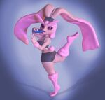 3d_(artwork) accessory anthro big_ears black_sclera bottomwear butt clothing digital_media_(artwork) drinking earband exercise_clothing female gesture hair hair_accessory hairband hi_res lagomorph leporid looking_at_viewer lopunny mammal nintendo pink_hair pok&eacute;mon pok&eacute;mon_(species) purple_eyes rabbit raised_leg shirt shorts siakstuff simple_background solo solo_focus tank_top tight_clothing topwear v_sign video_games workout_clothing 
