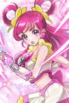  1girl :o absurdres back_bow bow brooch butterfly_brooch crop_top cure_dream earrings hair_rings highres jewelry long_hair looking_at_viewer magical_girl onenechan open_mouth pink_background pink_bow pink_eyes pink_hair precure serious shiny shiny_hair skirt solo sparkle upper_body white_skirt yes!_precure_5 yumehara_nozomi 