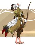  anthro avian beak bird breasts clothed clothing feathers feet female fingers firetally hi_res holding_bow holding_object holding_weapon non-mammal_breasts smile solo toes weapon white_body white_feathers 