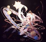  1girl armillary_sphere blonde_hair crown fran-laurant galaxy leotard looking_up original pale_skin planet reaching_out solo solo_focus space star_(symbol) thighhighs white_hair yellow_eyes 
