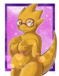  &lt;3 alphys anthro areola belly big_breasts breasts buckteeth eyewear female genitals glasses hand_on_breast hi_res lizard makeup mascara navel nipples non-mammal_breasts non-mammal_nipples nude overweight overweight_anthro overweight_female pink_eyes portrait pussy reptile rhazberriquartz scales scalie short_stack simple_background solo teeth thick_tail thick_thighs three-quarter_portrait three-quarter_view undertale_(series) yellow_body yellow_scales 