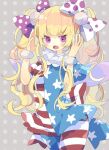  1girl alternate_hairstyle american_flag_dress american_flag_pants back_bow bangs blonde_hair blue_dress blue_pants blush bow breasts clownpiece dress eyebrows_visible_through_hair fairy_wings grey_background hair_bow hands_up highres long_hair looking_at_viewer multicolored_clothes multicolored_dress multicolored_pants neck_ruff nikorashi-ka no_hat no_headwear open_mouth pants polka_dot polka_dot_bow pom_pom_(clothes) purple_bow purple_eyes red_bow red_dress red_pants sharp_teeth short_sleeves small_breasts solo standing star_(symbol) star_print starry_background striped striped_bow striped_dress striped_pants teeth tongue touhou twintails white_bow white_dress white_pants wings wrist_cuffs 