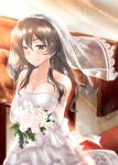  1girl artist_name ashigara_(kancolle) blush bouquet breasts brown_eyes brown_hair cleavage closed_mouth collarbone dress elbow_gloves eyebrows_visible_through_hair gloves hair_between_eyes highres holding holding_bouquet kantai_collection large_breasts long_hair signature smile solo twitter_username wedding_dress white_dress white_gloves yo-suke 