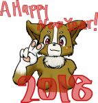 2018 anthro breasts bunnag canid canine canis domestic_dog featureless_breasts female gesture holidays looking_at_viewer mammal new_year new_year_2018 pawpads simple_background smile solo v_sign white_background 