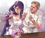  1boy 1girl @_@ absurdres apron bangs blonde_hair blunt_bangs blurry blurry_background braid braided_ponytail breasts bridal_gauntlets chef_uniform crossover electricity eyebrows_visible_through_hair food foxyreine frilled_apron frills frying_pan genshin_impact gordon_ramsay hair_ornament hand_up hands_up hell&#039;s_kitchen highres holding indoors ladle large_breasts long_hair mole mole_under_eye neck_ribbon obi open_mouth parted_lips purple_eyes purple_hair raiden_shogun raised_eyebrows real_life ribbon sash short_hair spoon tearing_up watch white_apron window wrinkled_skin wristwatch 