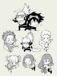  3girls asui_tsuyu boku_no_hero_academia chibi collage costume eraser_head_(boku_no_hero_academia) greyscale highres monochrome multiple_boys multiple_girls ojiro_mashirao present_mic school_uniform serafuku shinsou_hitoshi simple_background toga_himiko u.a._gym_uniform u.a._school_uniform ura_musi uraraka_ochako 