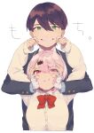  1boy 1girl absurdres arata_(user_jjxc7843) bandaged_hand bandages beige_cardigan black_hair black_jacket blazer bow bowtie breasts cardigan cheek_pull cheek_squash collared_shirt eyebrows_visible_through_hair green_eyes highres jacket kenmochi_touya long_hair looking_at_viewer medium_breasts nijisanji pink_eyes pink_hair red_bow red_bowtie school_uniform shiina_yuika shirt smile virtual_youtuber white_background 